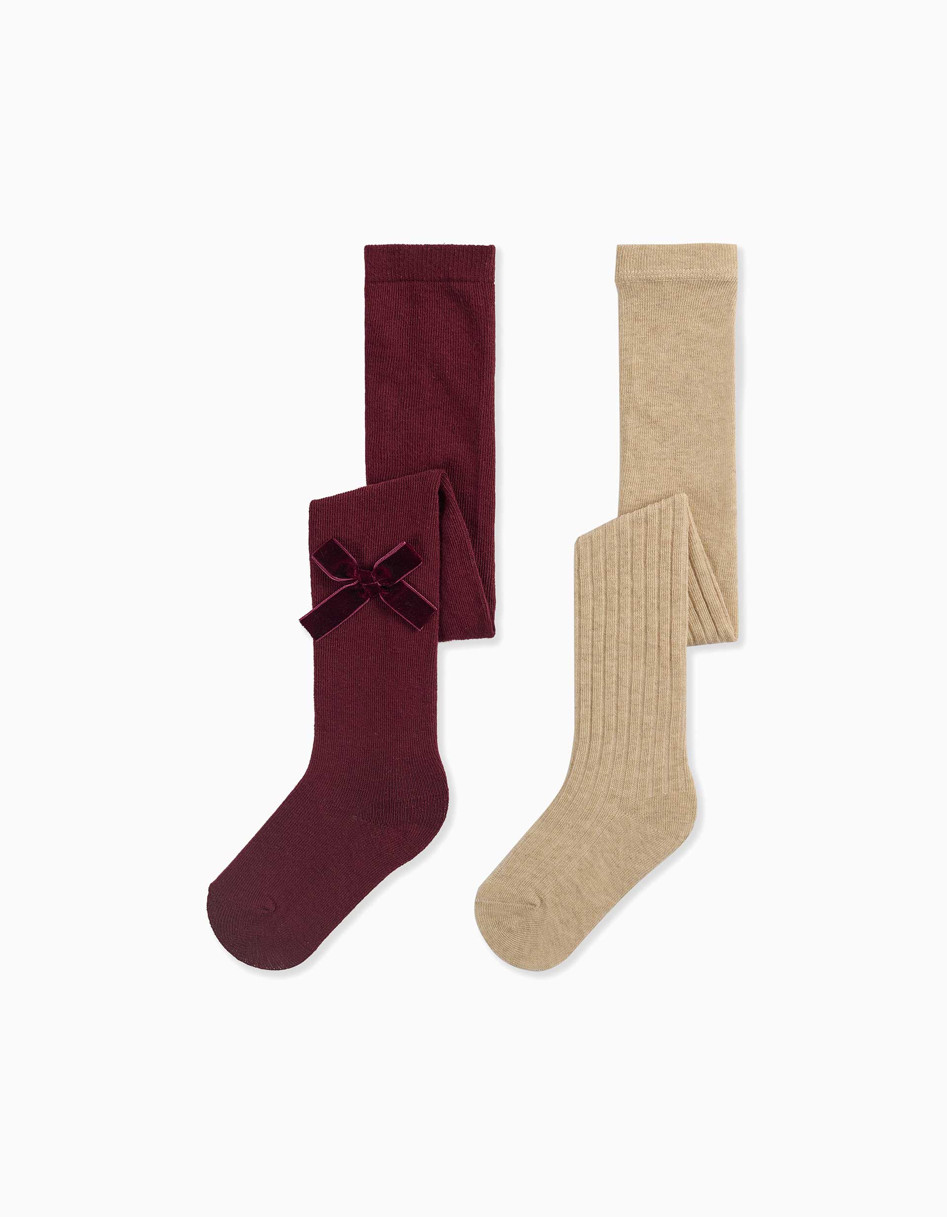 Lot 2 collants côtelés/avec nœud pour bébé fille, bordeaux/beige