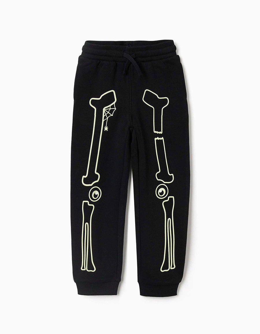 Fleece joggers with glow-in-the-dark print for boys, black