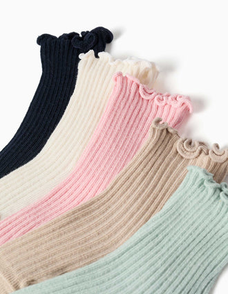 Pack 5 pairs of ribbed socks with wavy cuff for baby girls, multicolour