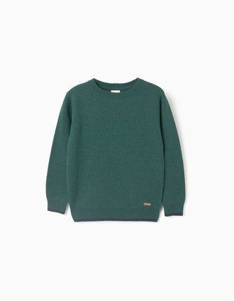 Jersey con lana B&S para niño, verde oscuro/azul marino