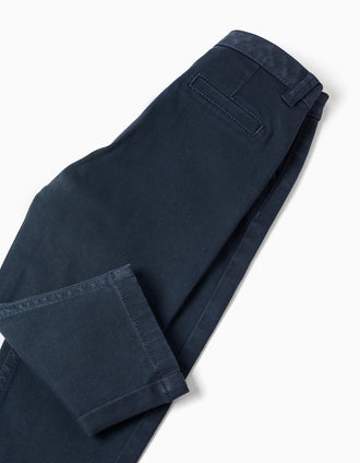 Slim twill chino trousers with pockets for baby boys, dark blue