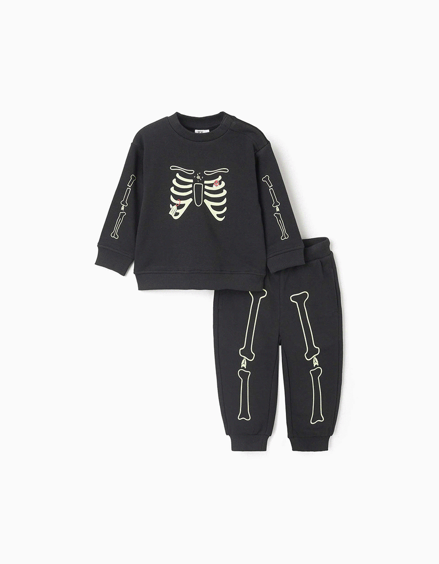 Fleece jogging set with glow-in-the-dark print for baby boys, black