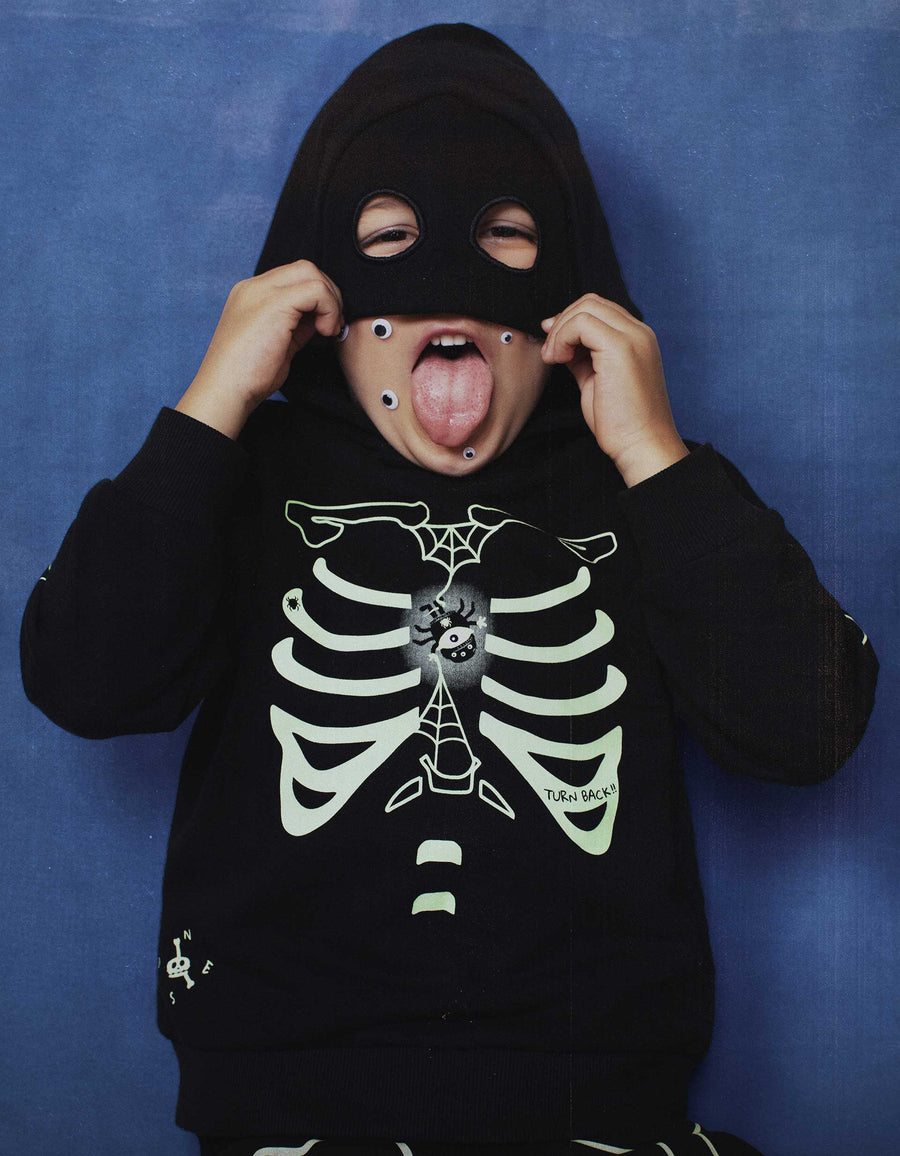 Hooded sweatshirt with glow-in-the-dark print for boys, black