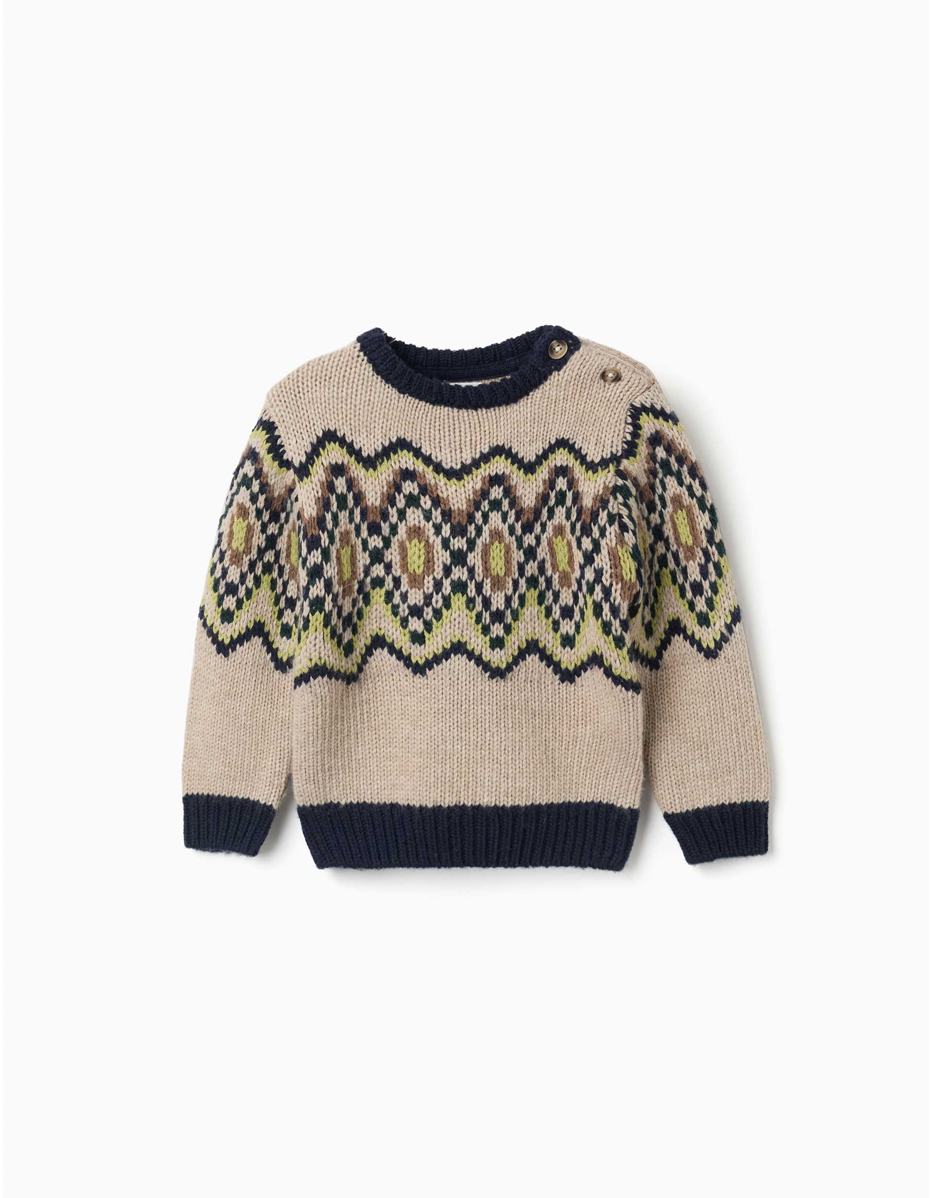 Knitted jumper with jacquard pattern for baby boys, beige/blue/green