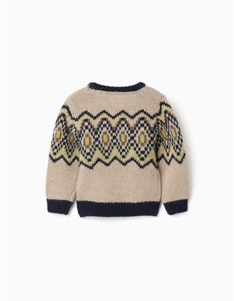 Knitted jumper with jacquard pattern for baby boys, beige/blue/green