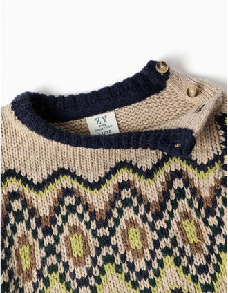 Knitted jumper with jacquard pattern for baby boys, beige/blue/green