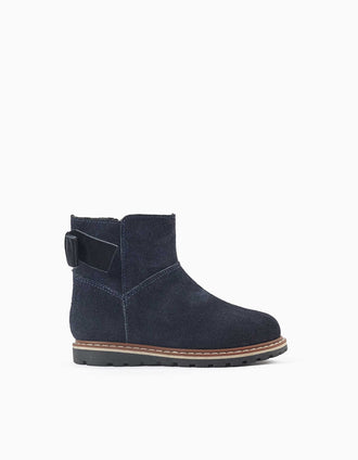 Suede ankle boots with velvet bow for baby girls, navy blue
