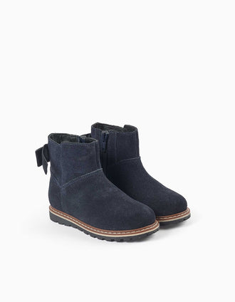 Suede ankle boots with velvet bow for baby girls, navy blue