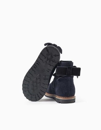 Suede ankle boots with velvet bow for baby girls, navy blue