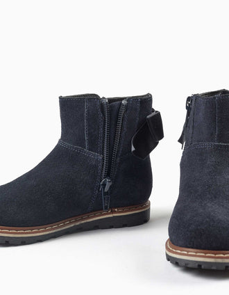 Suede ankle boots with velvet bow for baby girls, navy blue