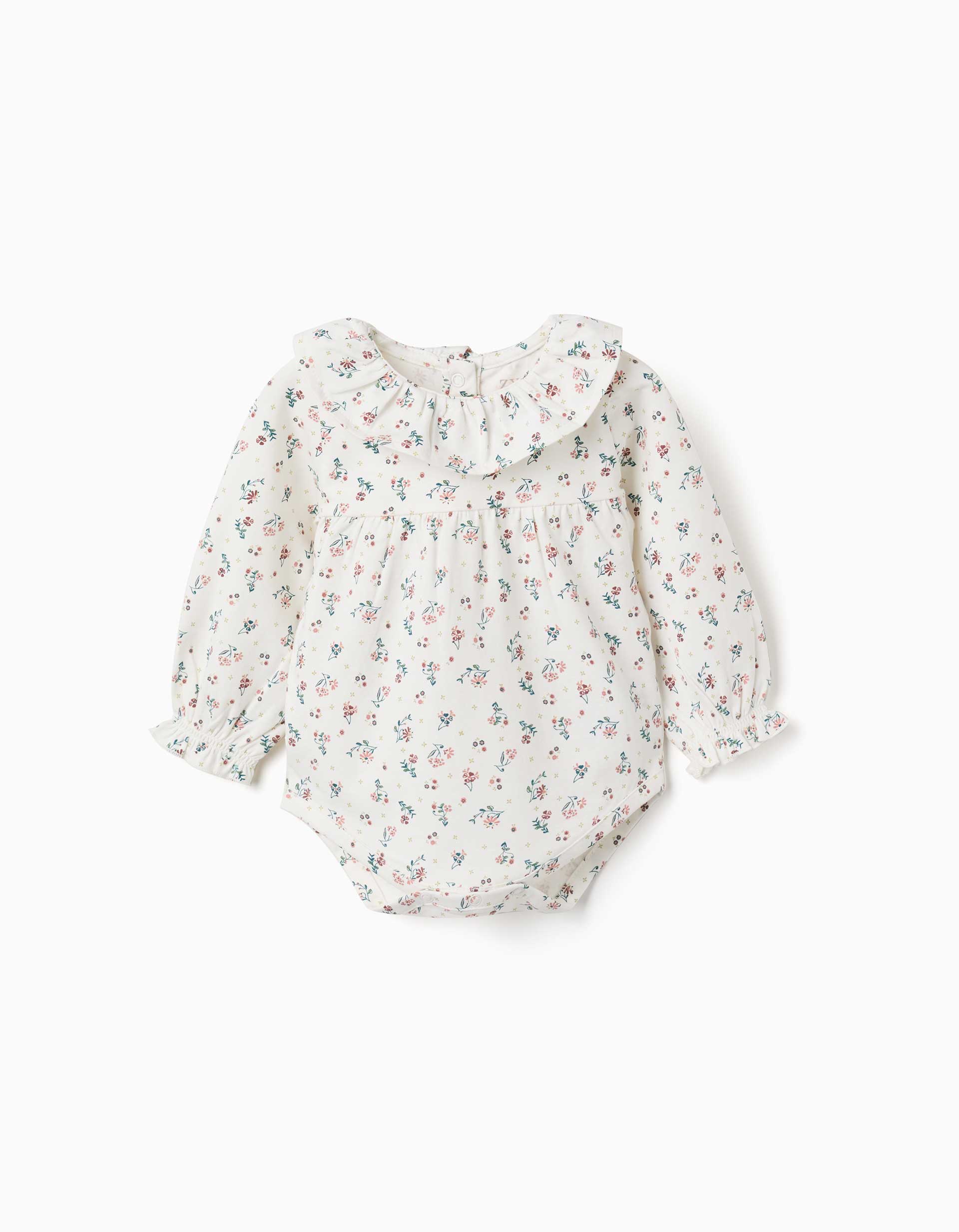 Long sleeve bodysuit with flowers and ruffles for newborn girls, white