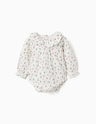 Long sleeve bodysuit with flowers and ruffles for newborn girls, white