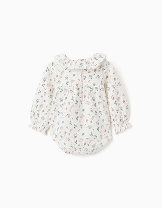 Long sleeve bodysuit with flowers and ruffles for newborn girls, white