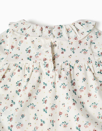 Long sleeve bodysuit with flowers and ruffles for newborn girls, white
