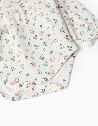 Long sleeve bodysuit with flowers and ruffles for newborn girls, white