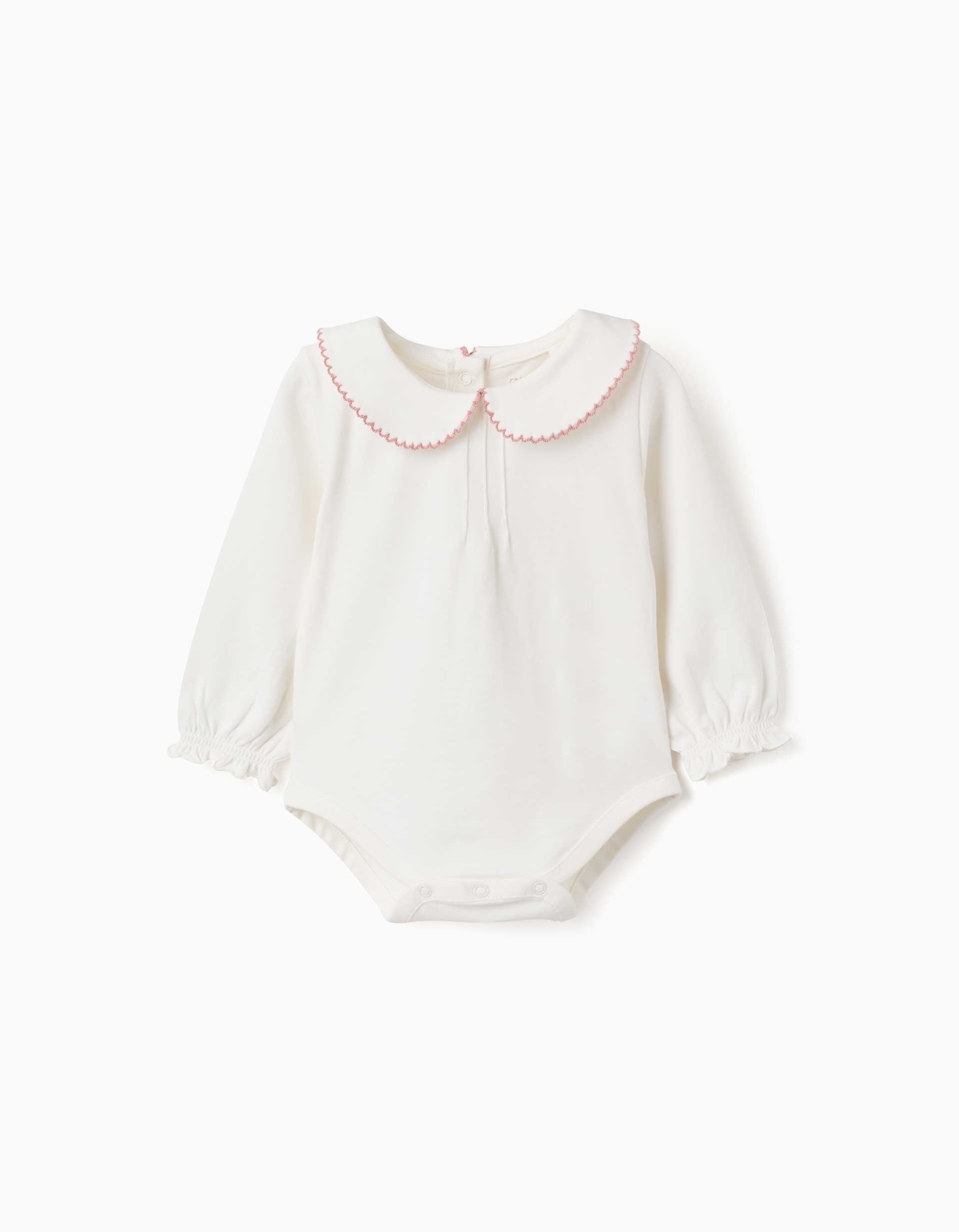 Long sleeve bodysuit with crochet collar for newborn girls, white/pink