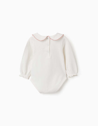 Long sleeve bodysuit with crochet collar for newborn girls, white/pink