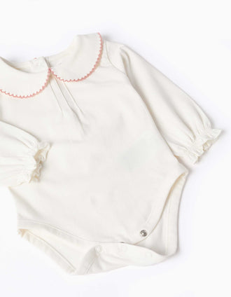Long sleeve bodysuit with crochet collar for newborn girls, white/pink