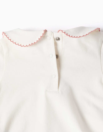 Long sleeve bodysuit with crochet collar for newborn girls, white/pink