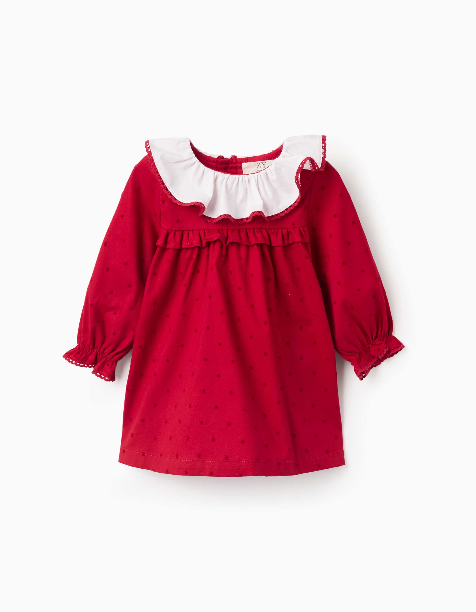 Vestido de manga larga de sarga con estrellas para recién nacida, rojo