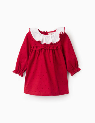 Vestido de manga larga de sarga con estrellas para recién nacida, rojo