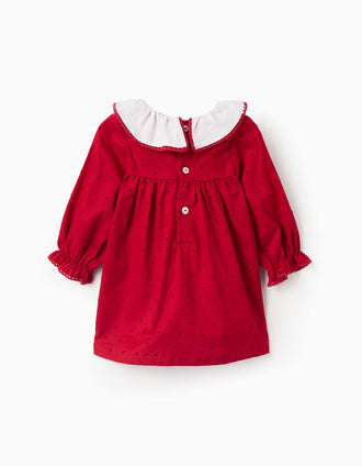 Vestido de manga larga de sarga con estrellas para recién nacida, rojo