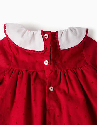 Vestido de manga larga de sarga con estrellas para recién nacida, rojo