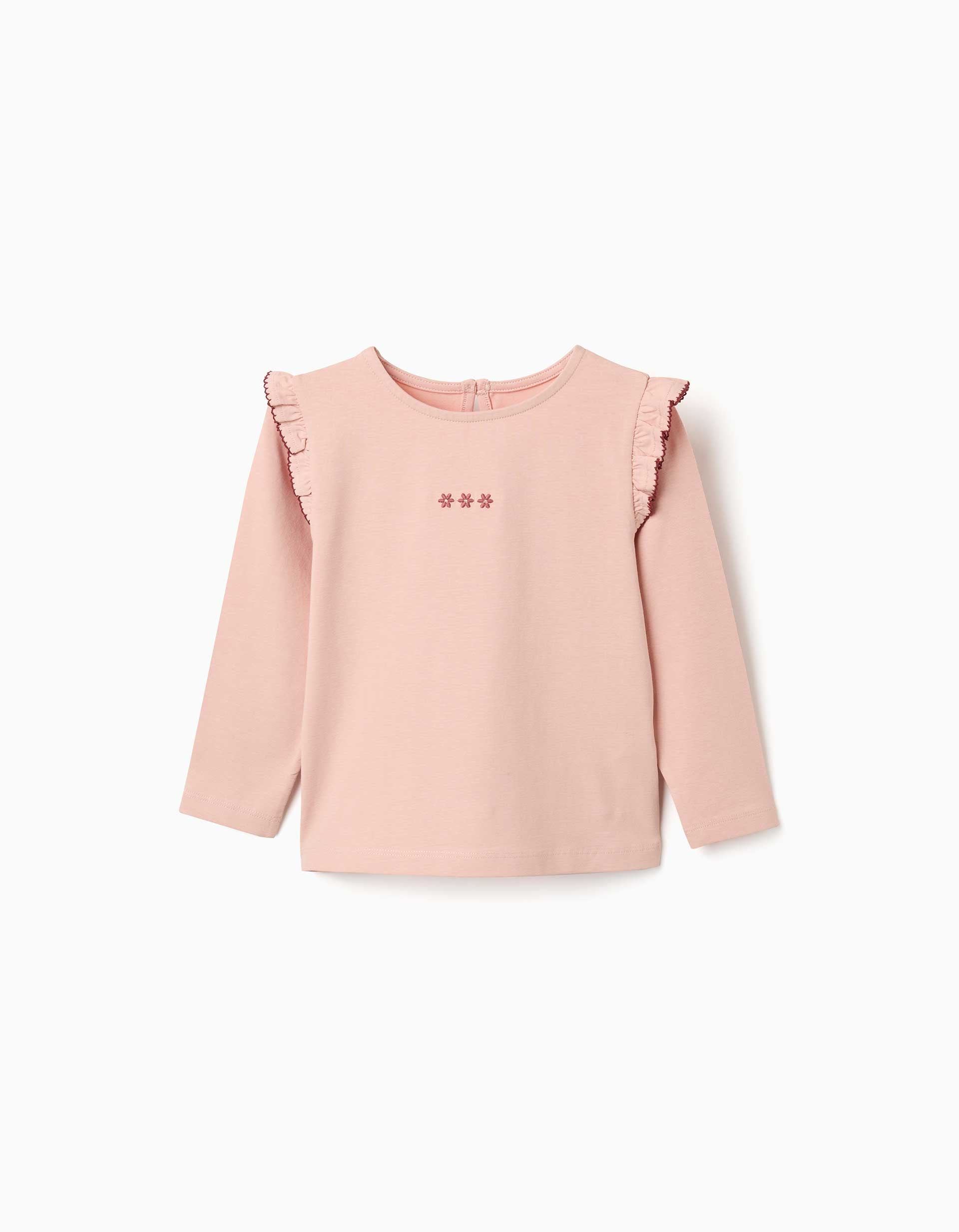 T-shirt de manga comprida com folhos e bordado para menina, rosa-claro