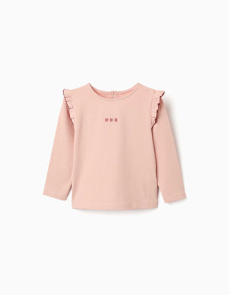 T-shirt de manga comprida com folhos e bordado para menina, rosa-claro