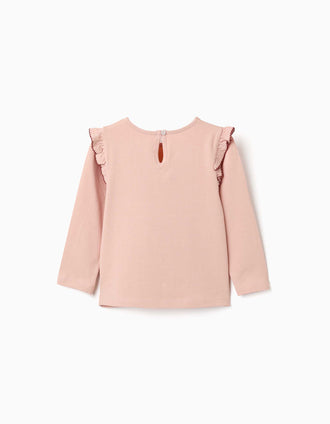 T-shirt de manga comprida com folhos e bordado para menina, rosa-claro