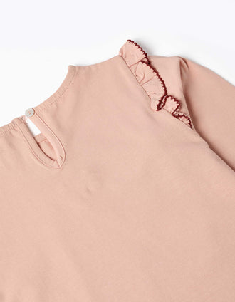T-shirt de manga comprida com folhos e bordado para menina, rosa-claro