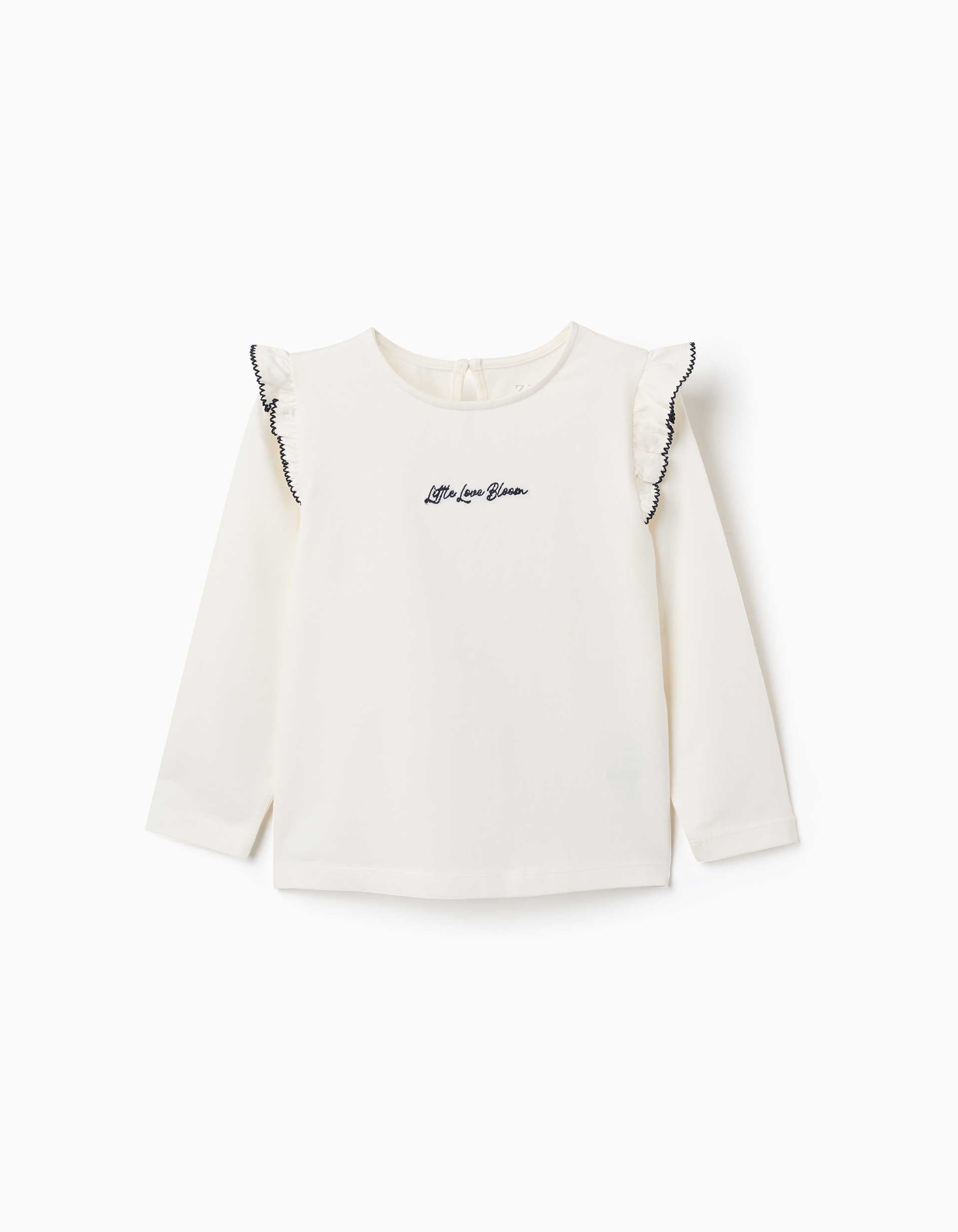 T-shirt de manga comprida com folhos e bordado para menina, branco
