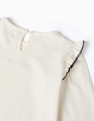 T-shirt de manga comprida com folhos e bordado para menina, branco