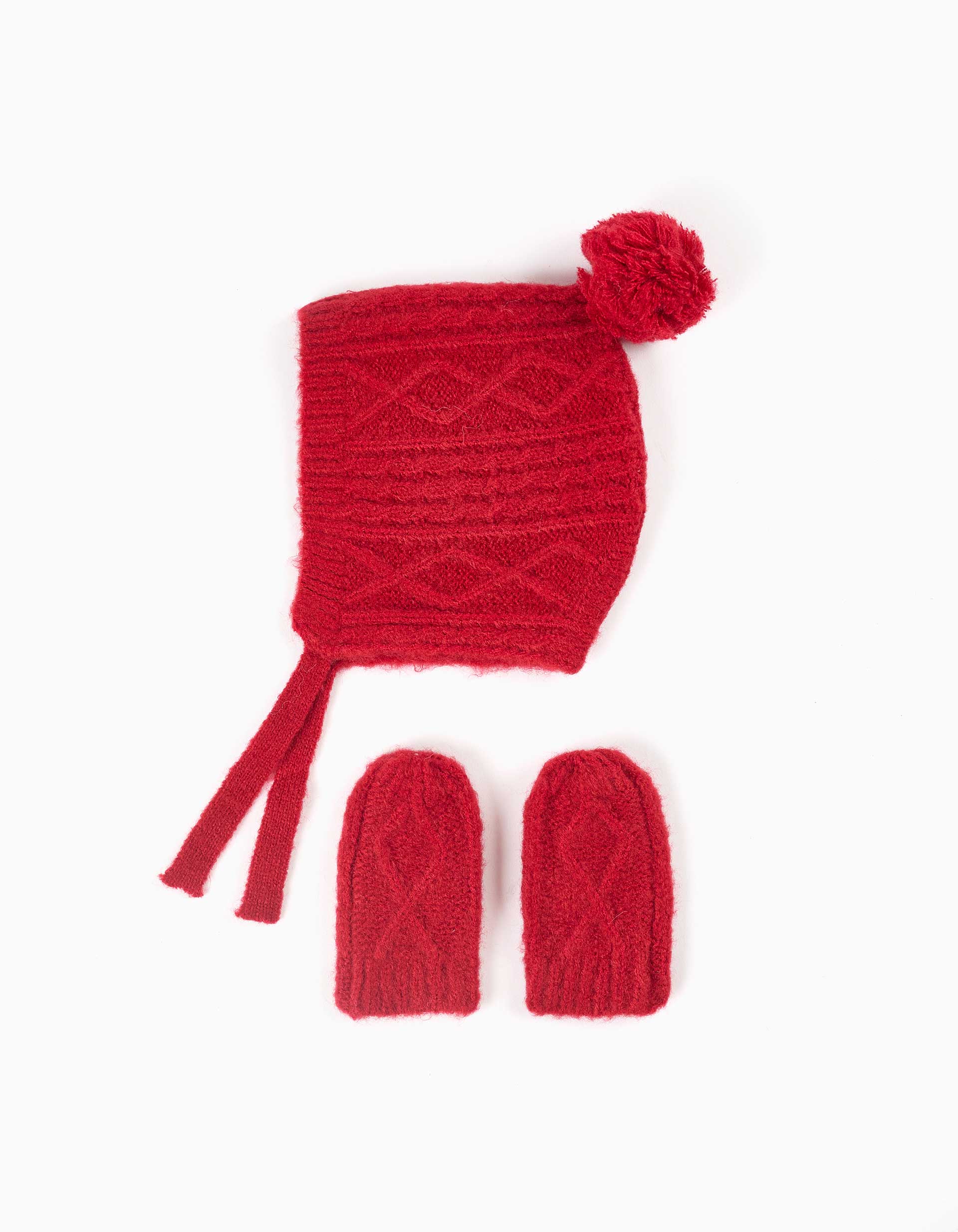Conjunto de touca e luvas em malha para bebé menina, vermelho