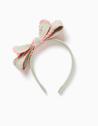 Alice band with bow and ric rac tape for girls, green/neon coral