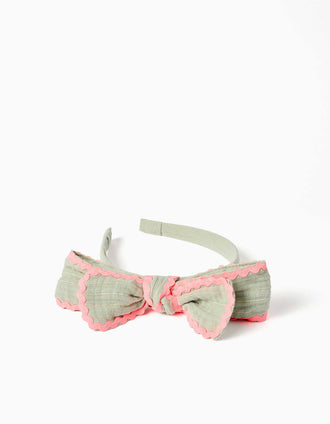 Alice band with bow and ric rac tape for girls, green/neon coral