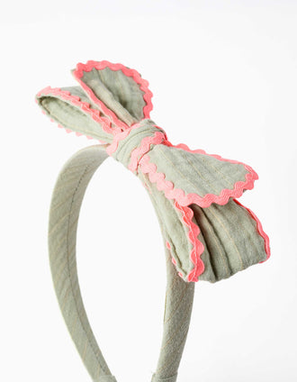 Alice band with bow and ric rac tape for girls, green/neon coral