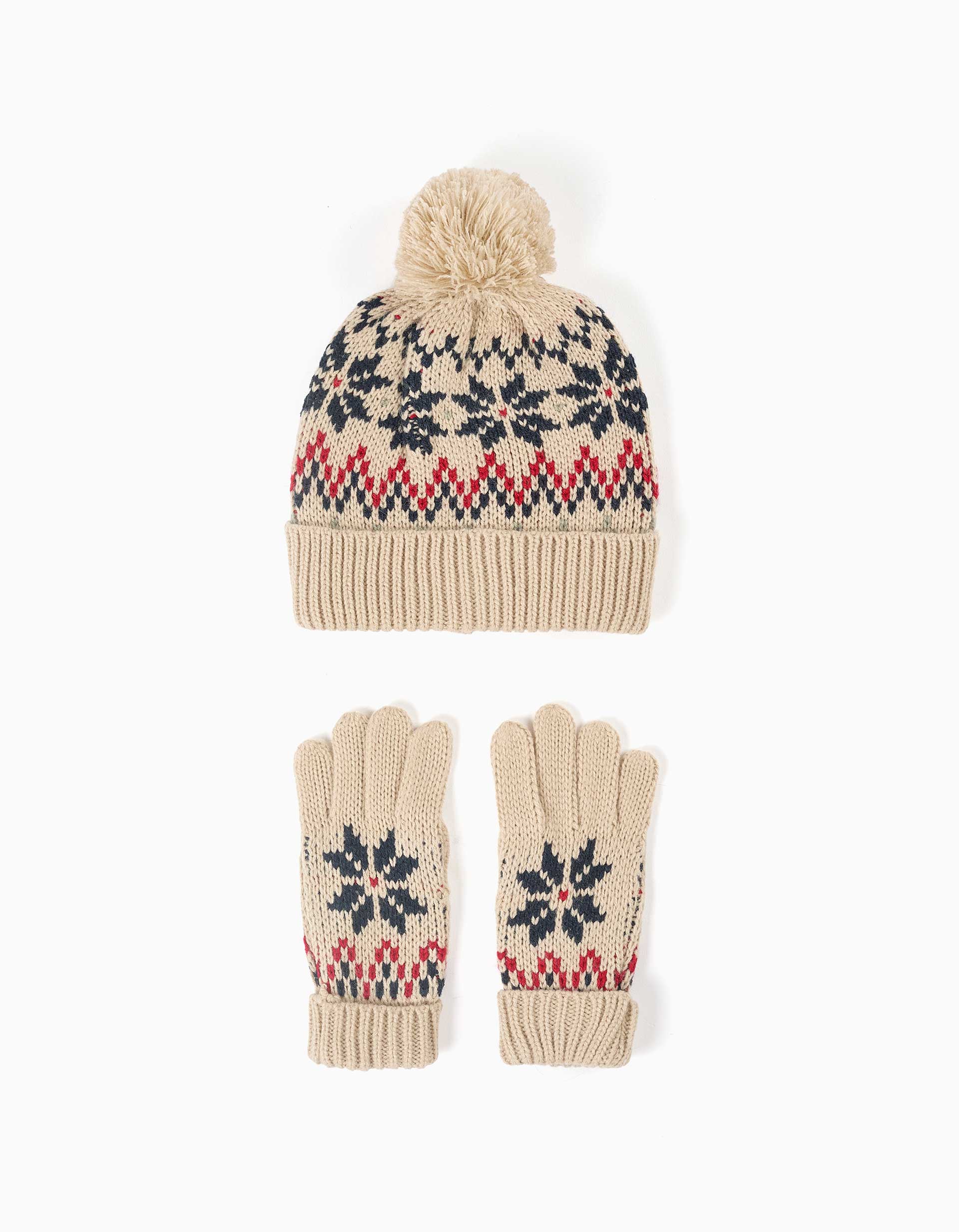 Conjunto de gorro e luvas de malha com jacquard para menino, bege