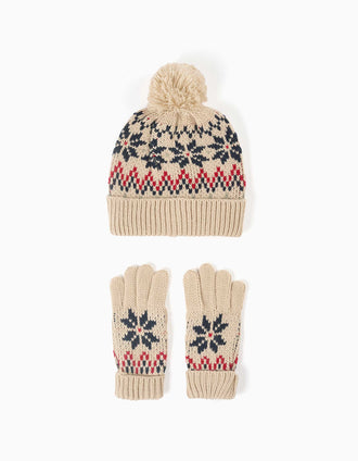 Conjunto de gorro e luvas de malha com jacquard para menino, bege