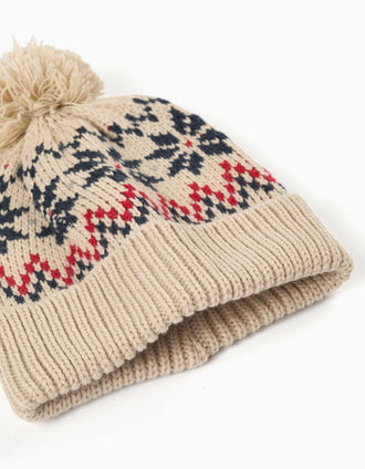 Conjunto de gorro e luvas de malha com jacquard para menino, bege