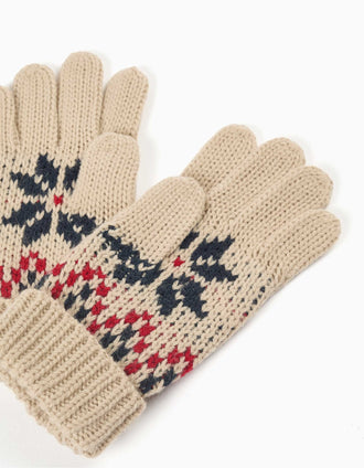 Conjunto de gorro e luvas de malha com jacquard para menino, bege