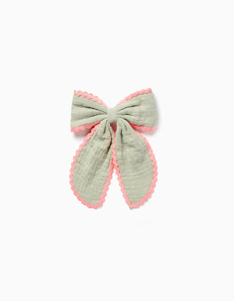 Hair slide with bow and ric rac tape for girls, green/neon coral