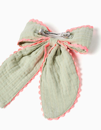 Hair slide with bow and ric rac tape for girls, green/neon coral