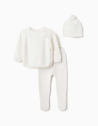 Conjunto de 3 peças em malha de algodão para recém-nascidos, branco