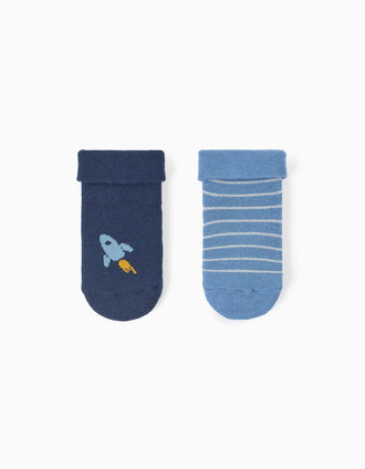 2 chaussettes antidérapantes rayures/fusée pour nouveau-né et bébé, bleu