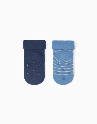 2 chaussettes antidérapantes rayures/fusée pour nouveau-né et bébé, bleu