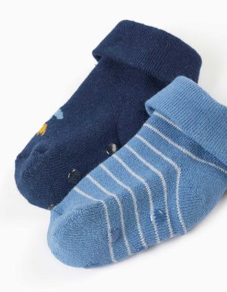 2 chaussettes antidérapantes rayures/fusée pour nouveau-né et bébé, bleu