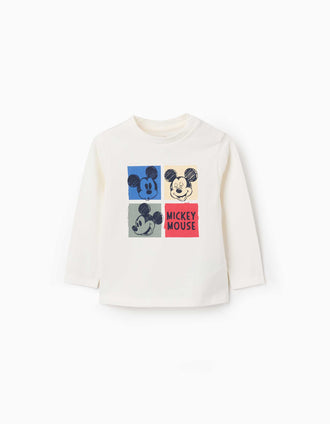 T-shirt en coton à manches longues Mickey pour bébé garçon, blanc