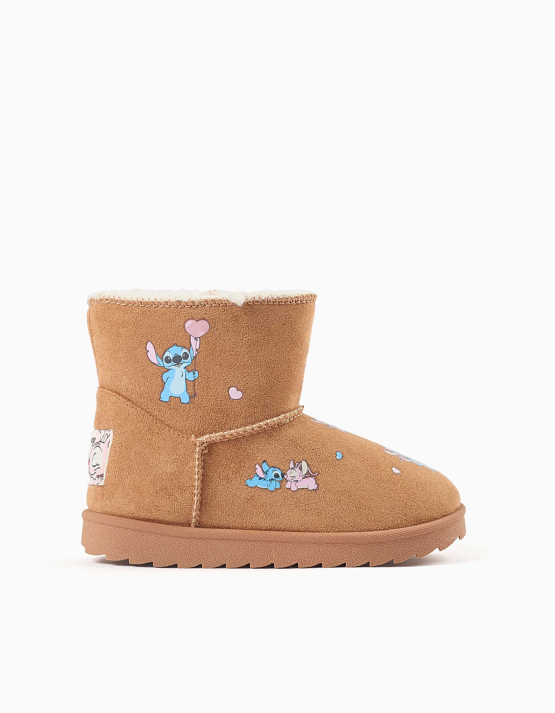 Botins com forro de pelo e estampados Stitch para menina, camel