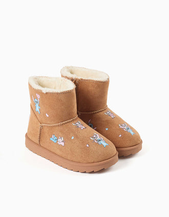 Botins com forro de pelo e estampados Stitch para menina, camel